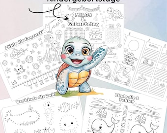 May include: A collection of personalized activity sheets for a child's birthday. The sheets feature a cartoon turtle and various activities, including counting, connect-the-dots, and a word search. The text on the sheets includes "MILOS 5. Geburtstag".