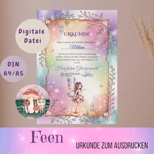 Op de afbeelding: Een digitaal certificaat met een feeënthema. Het certificaat heeft een aquarel achtergrond met bloemen- en vlinderaccenten. De tekst bevat "Urkunde", "Melina" en "Herzlichen Glückwunsch!" met een feeënillustratie onderaan. Het certificaat is gelabeld "DIN A4/A5".