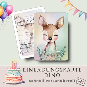 Einladung Kindergeburtstag Reh – Waldtiere Geburtstag, Boho Einladungskarten, Eukalyptus, Tiere, Erster Geburtstag, Set 5/10, A6, Personalis