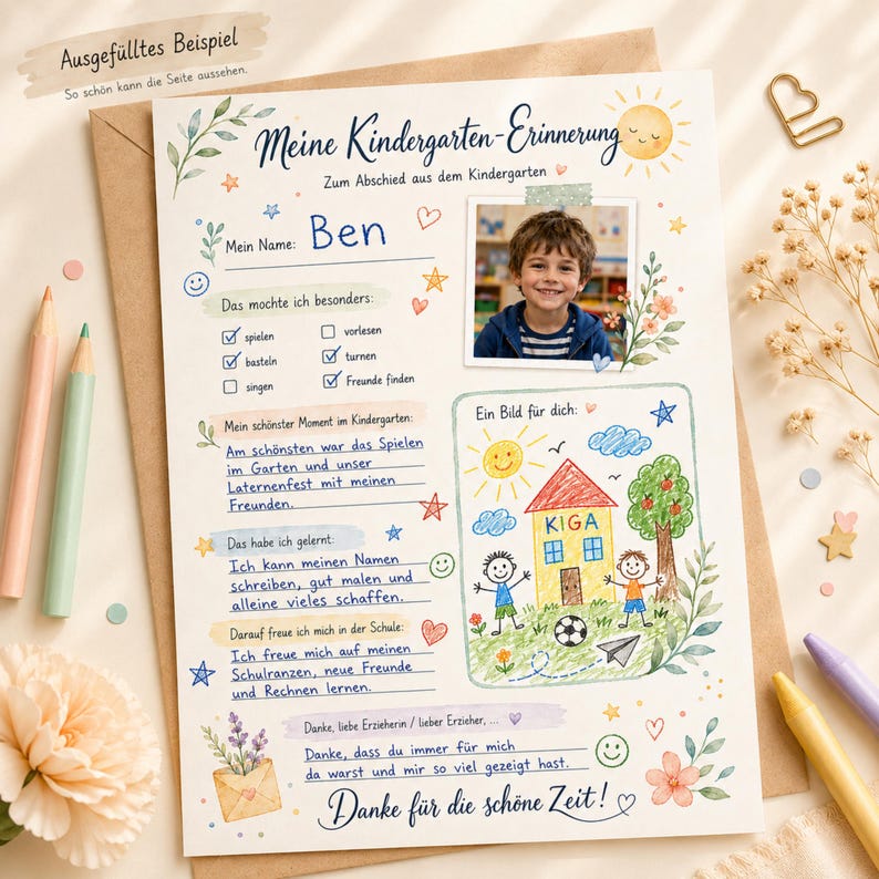 May include: A kindergarten memory sheet with the title Meine Kindergarten-Erinnerung, featuring a photograph of a child, handwritten German text, and colorful illustrations of a house, sun, and flowers. The page includes sections for name, favorite activities, and school goals.