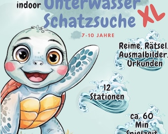 Puede incluir: Una ilustración de dibujos animados de una tortuga con una gran sonrisa, sosteniendo un cartel que dice "indoor Unterwasser Schatzsuche XL". El cartel también dice "7-10 Jahre" y "Reime, Rätsel, Ausmalbilder, Urkunden". También hay carteles que dicen "12 Stationen" y "ca. 60 Min Spielzeit".