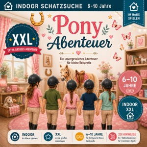 以下が含まれることがあります： 「Pony Abenteuer」と書かれたゲームボックスのカバーには、黒い乗馬用ヘルメットとベージュのズボンを着用した5人の子供が並んでいます。テキストにはXXL、6-10 Jahre、Indoor Schatzsucheが含まれています。背景にはポニー、蝶、ハートが描かれた部屋があります。