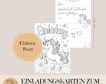 Plantilla imprimible para invitación de cumpleaños infantil | Unicornio, arcoíris | Página para colorear de unicornio DIY | Plantilla imprimible A6 para tarjeta de invitación o manualidades