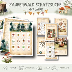 Puede incluir: Un conjunto de hojas de actividades infantiles con temática de bosque. Las hojas presentan ilustraciones de criaturas del bosque, laberintos y actividades para completar. El texto "ZAUBERWALD SCHATZSUCHE" y "4-7 JAHRE" son visibles.