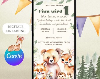 Invitación de WhatsApp, tarjeta electrónica, invitación digital, cumpleaños infantil animales del bosque, zorro, niños, primer cumpleaños, fiesta del bosque, personalizado, primer