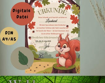 Wald Urkunde, Turnier, Kindergeburtstag, Urkunden Eichhörnchen, Schatzsuche, Geburtstag, Mitgebsel, Auszeichnung, Sofortausdruck, Din A4 A5