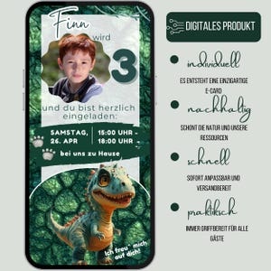 May include: A digital birthday invitation on a smartphone screen. The invitation features a photo of a young boy, the number 3, and a cartoon dinosaur. Text includes the name "Finn", event details, and the phrase "Digital Product".