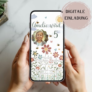 Whatsapp Einladung, Ecard, Einladung digital Kindergeburtstag, Blumen, personalisiert, Geburtstag, Boho, Foto, Einladungskarte, Wald, Biene