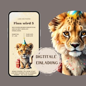 Whatsapp Einladung Löwe, Ecard, Digitale Einladung, Kindergeburtstag, Safari, Personalisierte Einladung Kinder, Mädchen, Junge, Handy, Party