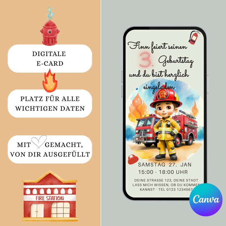 WhatsApp invitation, e-card, digital invitation, children's birthday party, fire brigade, fire, personalized invitation for children, girls, boys, mobile phone image 2