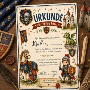May include: A certificate titled URKUNDE Für tapfere Ritter featuring a knight helmet, a castle, a green dragon, a horse with a shield, and a child knight with a sword. The document includes German text, a space for a name, a date 15.8.27, and a signature.