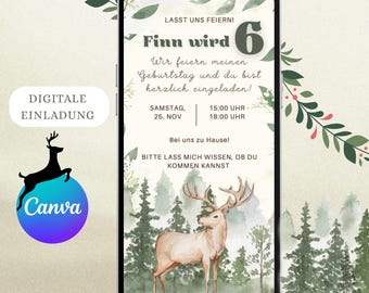 Whatsapp invitation, e-card, digital invitation, children's birthday forest animals, deer, children, nature birthday, forest party, personalized, June