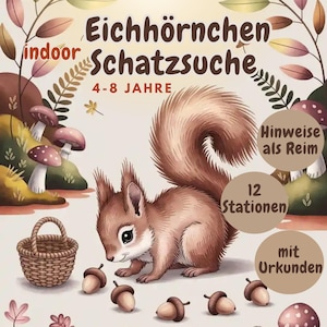 Squirrel Treasure Hunt Autumn, Forest Scavenger Hunt to Print, Children&#39;s Birthday Party, Indoor, 4-8 Years, Game Birthday, Certificate, Indoors
