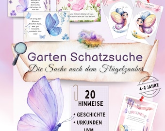 Caccia al tesoro delle farfalle all'aperto, caccia al tesoro in giardino per feste di compleanno per bambini dai 4 agli 8 anni, gioco PDF da stampare, puzzle, certificati, pagine da colorare