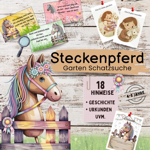 Steckenpferd Schatzsuche Kindergeburtstag | Schnitzeljagd zum Ausdrucken | Garten Spiel 4-8 Jahre | Outdoor Pferde | Hobby Horsing | draußen