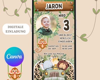 Digital invitation birthday safari, e-card with photo, WhatsApp invitation, jungle, personalized children's birthday, nature, animals, mobile phone