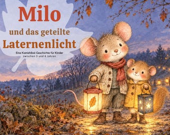 May include: A digital illustration of two mice walking on a path at dusk, holding glowing lanterns. The text reads Milo und das geteilte Laternenlicht, Eine Kamishibai-Geschichte für Kinder zwischen 3 und 6 Jahren, 12 Bildkarten, Vorlesetexte, Gesprächsimpulse, DIN A4 + DIN A3, Sofort Download.