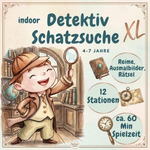 Búsqueda del tesoro de detectives XL, búsqueda del tesoro de aventuras, fiesta de cumpleaños infantil, certificado, interior, de 4 a 7 años, idea de juego de cumpleaños, digital