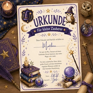 Può includere: Un certificato rettangolare intitolato URKUNDE Für kleine Zauberer con illustrazioni magiche viola e oro che includono un gufo, libri, una sfera di cristallo e una bacchetta. Il testo include il nome Mattheo e la data 7.8.27 su sfondo crema.