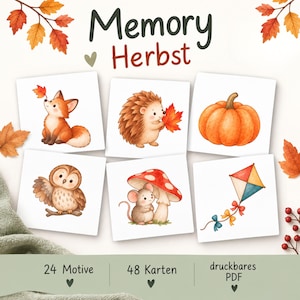 Puede incluir: Un juego de memoria con 48 tarjetas y 24 ilustraciones otoñales que incluyen un zorro, un erizo, una calabaza, un búho, un ratón con una seta y una cometa. El texto dice Memory Herbst, 24 Motive, 48 Karten y druckbares PDF.