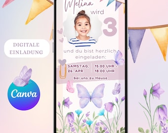 Invitación digital para fiesta de cumpleaños de niña con motivo de mariposa, tarjeta electrónica con foto, invitación por WhatsApp, estilo boho, fiesta de cumpleaños infantil personalizada, naturaleza, animales
