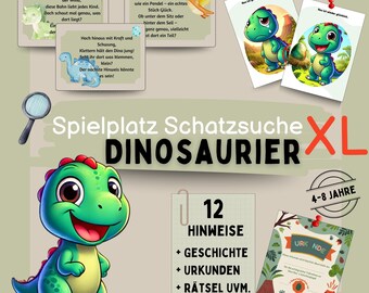 Dinosaur-themed playground treasure hunt, XL scavenger hunt with riddles, coloring pages, certificate, outdoor game for ages 4-8, outdoor adventure, PDF