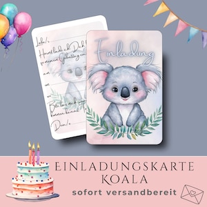 Koala Einladung Kindergeburtstag – Einladungskarten Tiermotto personalisiert – Dschungel Deko, Set 5/10 Karten, Party Tiere, Eukalyptus