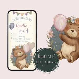 Invito Whatsapp, cartolina elettronica, invito digitale, orso compleanno bambini, animali della foresta, invito personalizzato bambini, ragazzo, ragazza, cellulare, boho