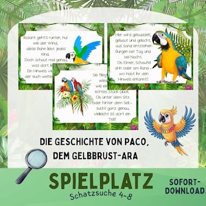 Chasse au trésor dans la jungle : perroquet, ara, aire de jeux, aventure avec comptines, carte au trésor, certificat, PDF 4-8 ans, fille, garçon, anniversaire