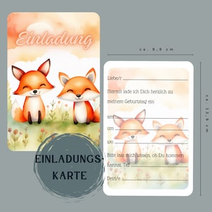 Einladung Kindergeburtstag, Geburtstagseinladung, Personalisierbar, Füchse, Fuchs, Waldtiere, Blumenwiese, Boho, Natur, Tiere, A6, Set