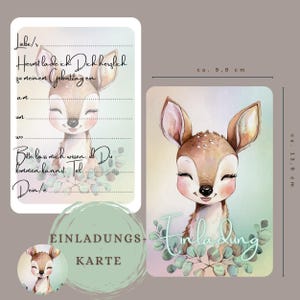 Einladung Kindergeburtstag Reh – Waldtiere Geburtstag, Boho Einladungskarten, Eukalyptus, Tiere, Erster Geburtstag, Set 5/10, A6, Personalis