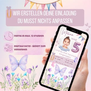 Invitación digital cumpleaños niña mariposa, e-card con foto, invitación whatsapp, boho, cumpleaños infantil personalizado, naturaleza, animales