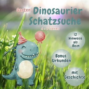 Dino Schatzsuche zum Ausdrucken – Garten Schnitzeljagd Kindergeburtstag, Outdoor Spiel 4-7 Jahre, Dinosaurier Abenteuer draußen, Urkunde