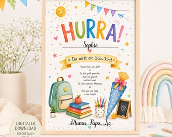 Hooray for Schoolchild PDF | Farewell Gift for Kindergarten | Kindergarten Farewell | First Day of School Keepsake | Personalized Certificate A4 Download