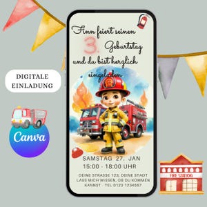 WhatsApp invitation, e-card, digital invitation, children's birthday party, fire brigade, fire, personalized invitation for children, girls, boys, mobile phone image 1