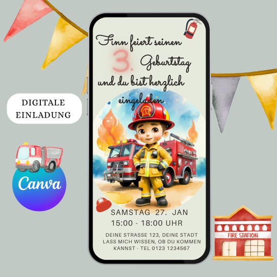 Whatsapp Einladung, Ecard, Digitale Einladung, Kindergeburtstag Feuerwehr, Feuer , Personalisierte Einladung Kinder, Mädchen, Junge, Handy