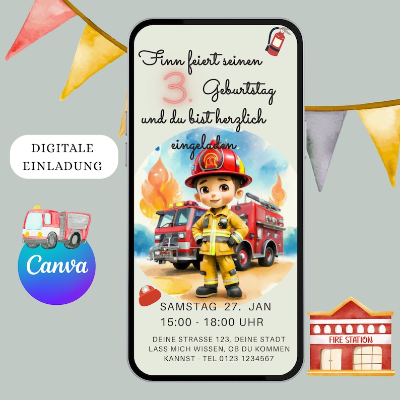 WhatsApp invitation, e-card, digital invitation, children's birthday party, fire brigade, fire, personalized invitation for children, girls, boys, mobile phone image 1