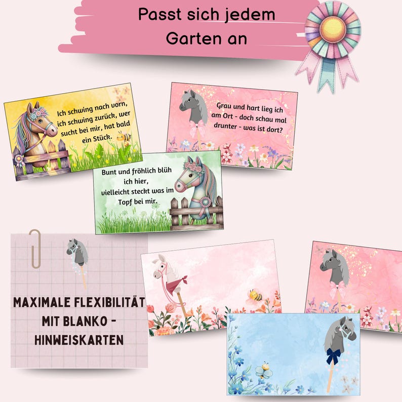 May include: A set of colorful printable cards featuring illustrations of rocking horses with different sayings in German. The cards are designed for use in a garden setting. The text on the cards reads: "Passt sich jedem Garten an", "Ich schwing nach vorn, ich schwing zur&uuml;ck, wer sucht bei mir, hat bald ein St&uuml;ck.", "Grau und hart lieg ich am Ort - doch schau mal drunter - was ist dort?", "Bunt und fr&ouml;hlich bl&uuml;h ich hier, vielleicht steckt was im Topf bei mir."