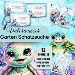 Underwater treasure hunt PDF to print, scavenger hunt garden children&#39;s birthday party, outdoor game 4 - 8 years, adventure outside, turtle