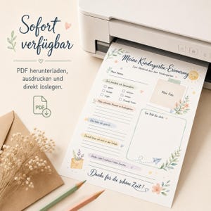 May include: A printable kindergarten memory sheet featuring the German text Meine Kindergarten-Erinnerung, Zum Abschied aus dem Kindergarten, Mein Name, Das mochte ich besonders, Mein Foto, Ein Bild fur dich, and Danke fur die schone Zeit, decorated with watercolor illustrations of leaves, flowers, a sun, and a paper airplane.