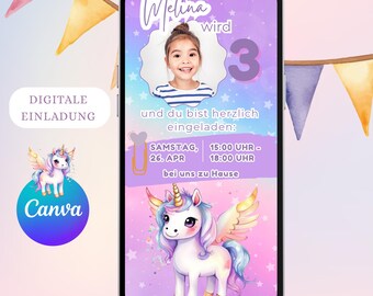 Digital invitation girl's birthday unicorn, e-card with photo, Whatsapp invitation, rainbow, personalized children's birthday, nature, animals