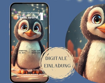 Whatsapp Einladung, Ecard, Digitale Einladung Kindergeburtstag, Pinguin, Personalisierte Einladung, Junge, Mädchen, Erster Geburtstag, Tiere