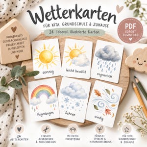 May include: A set of 24 educational weather cards featuring watercolor illustrations of sun, clouds, rain, rainbows, snow, and wind. Each card includes German text labels such as sonnig, leicht bewölkt, regnerisch, Regenbogen, Schnee, and windig.