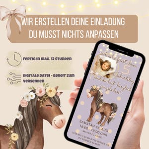 Invitation numérique anniversaire fille cheval poney, e-carte avec photo, invitation Whatsapp, bohème, anniversaire enfant personnalisé, nature, animaux