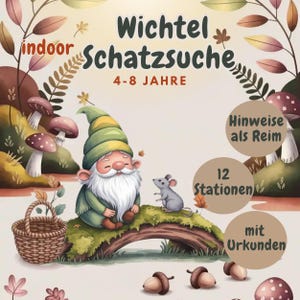 Gnome treasure hunt autumn, forest scavenger hunt to print, children&#39;s birthday, indoor, 4-8 years, game idea birthday, certificate, indoors