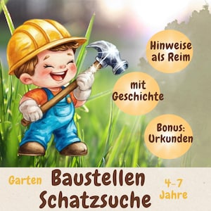 Construction site treasure hunt to print, garden scavenger hunt children&#39;s birthday, outdoor game 4-7 years, adventure outside, certificate, construction work