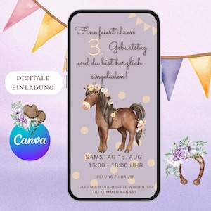 Whatsapp Einladung, Ecard, Digitale Einladung, Kindergeburtstag Pferd, Reiterin, Pony, Personalisierte Einladung Kinder, Mädchen, Handy