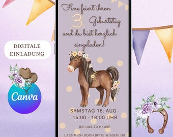 WhatsApp invitation, e-card, digital invitation, children's birthday party with horse, rider, pony, personalized invitation for children, girls, mobile phone