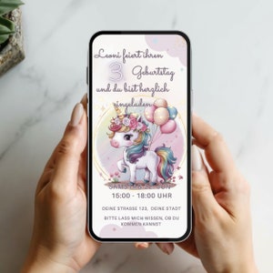 WhatsApp Digitale Einladung Kindergeburtstag, Einhorn, Regenbogen, Personalisierte E-Card für Mädchen & Jungen, Einhörner, Magie, Einladungs