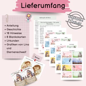May include: A digital product for a children's activity or game. The product includes an instruction booklet, a story, 18 hints, 8 blank cards, certificates, and graphics. The title of the product is "Lina and Sternenglanz Das gro&szlig;e Wiedersehen".